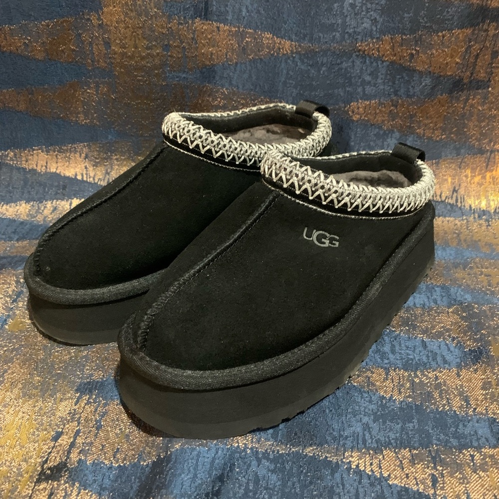 UGG TAZZ Platform Black Slippers Plush Comfort Slip-On
